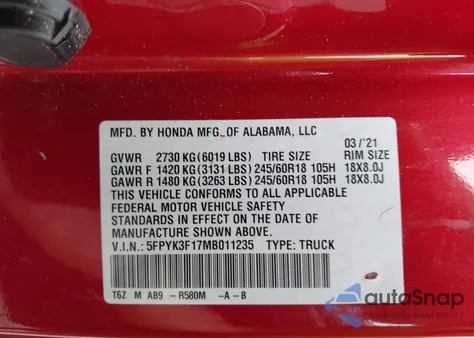 2021 Honda Ridgeline Awd Sport from USA, damaged, VIN 5FPYK3F17MB011235